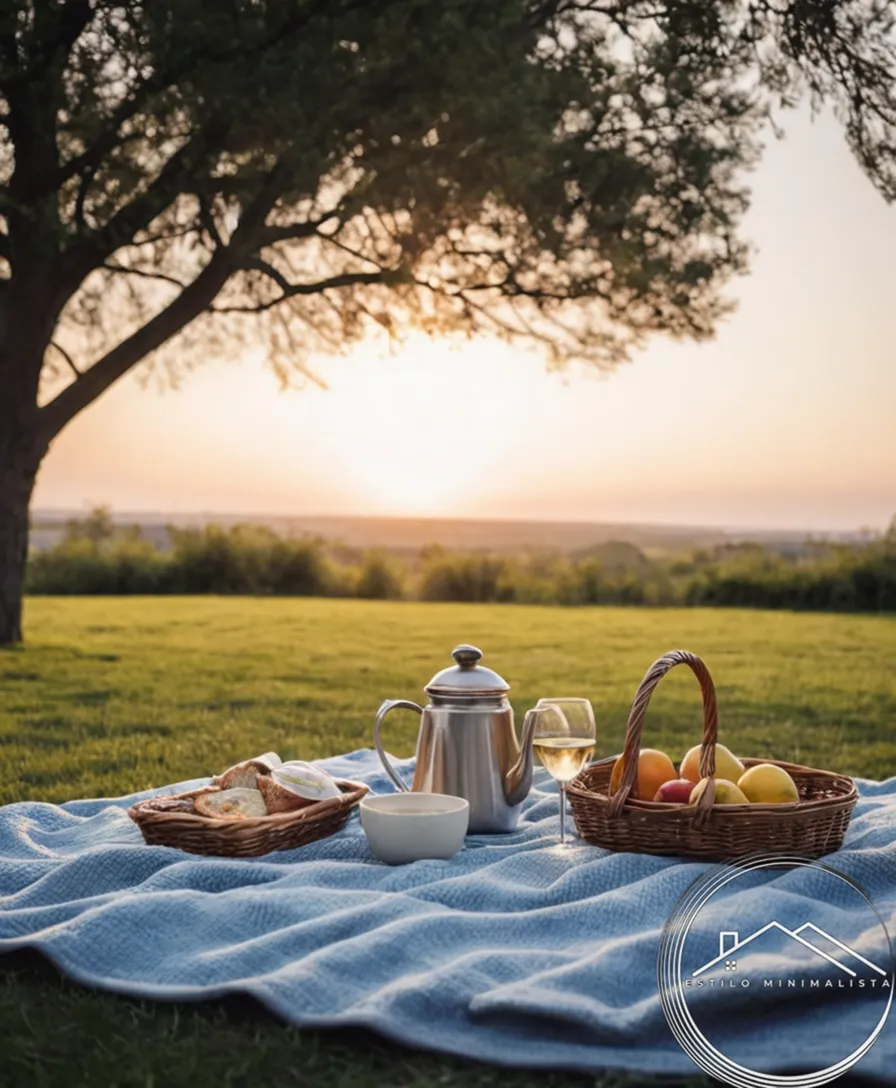 A minimalist blanket used for a stylish outdoor picnic setup.