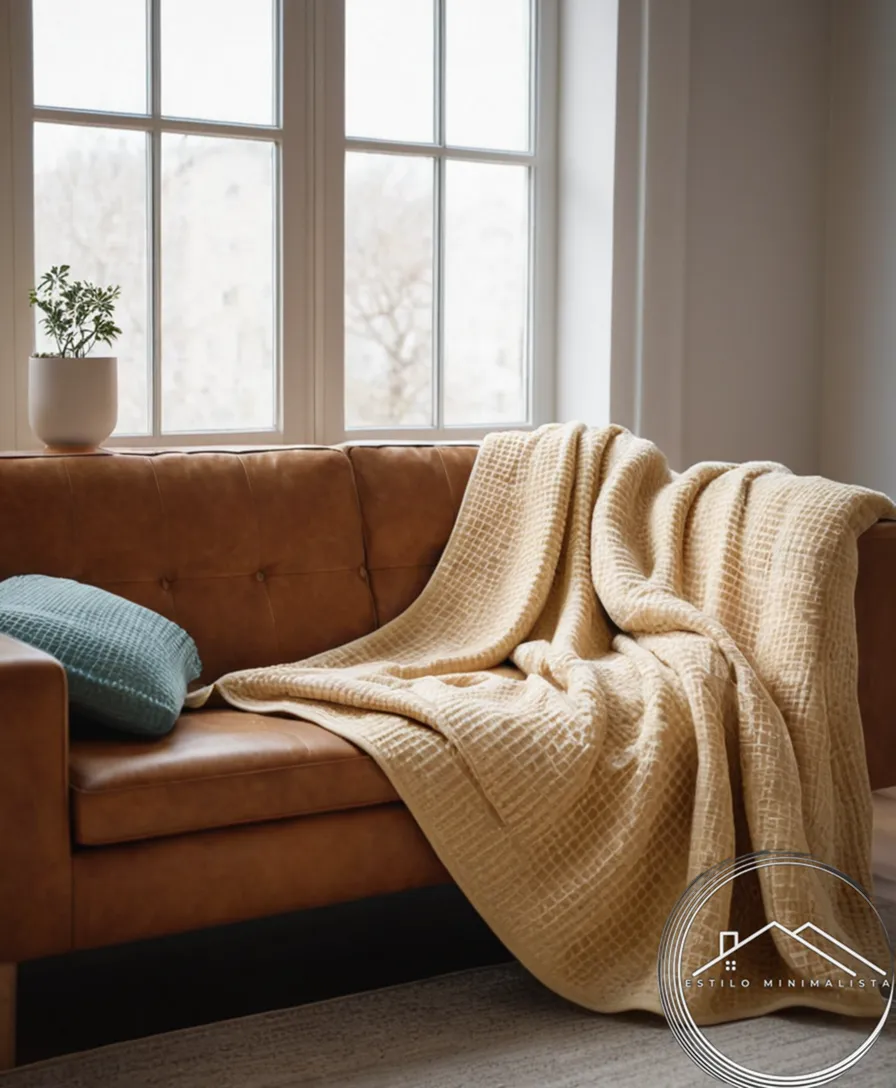 A minimalist sofa with a stylish waffle-patterned throw blanket.