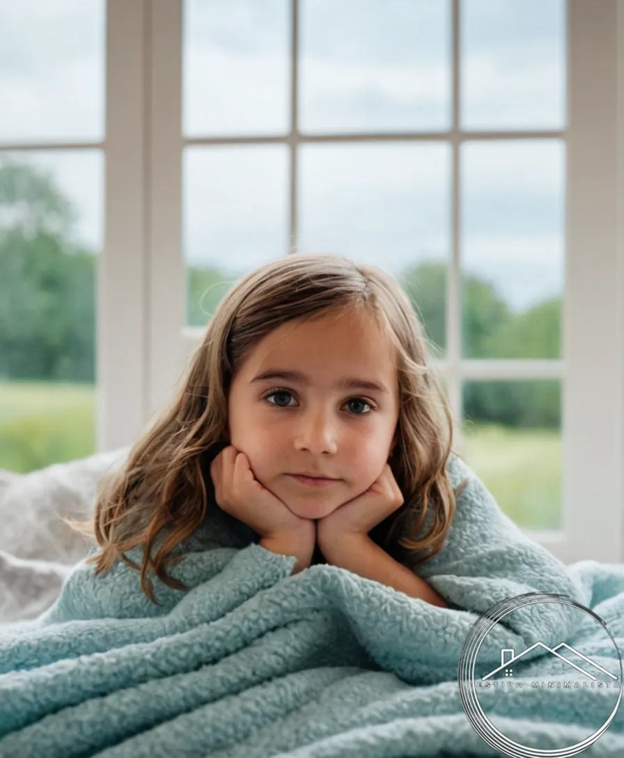 A serene child snuggled up with an allergy-free throw blanket.