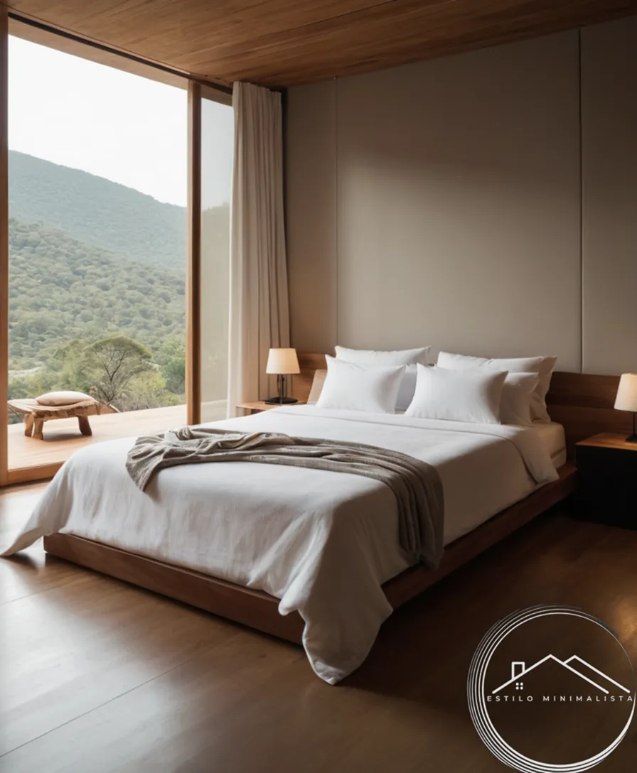 A serene, king-size bed with a minimalist manta draped on it.