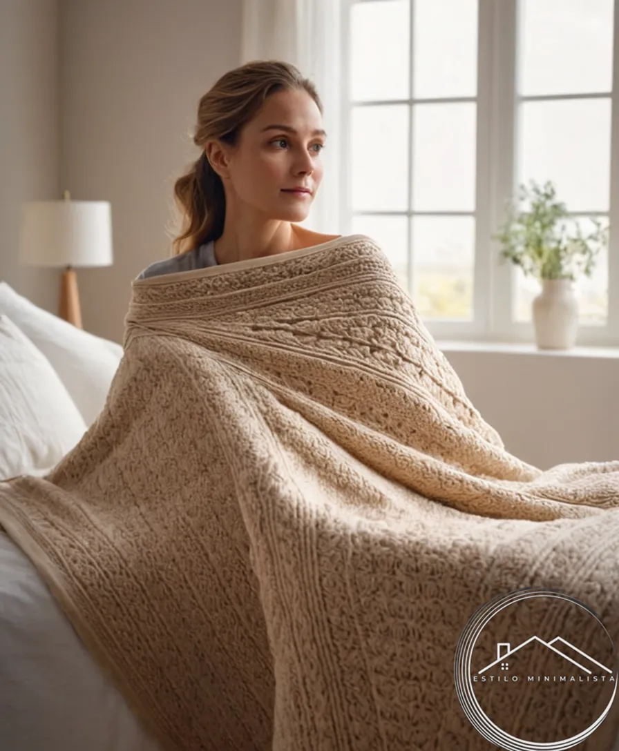 A gentle woman cradling a minimalist natural fiber king-size blanket.