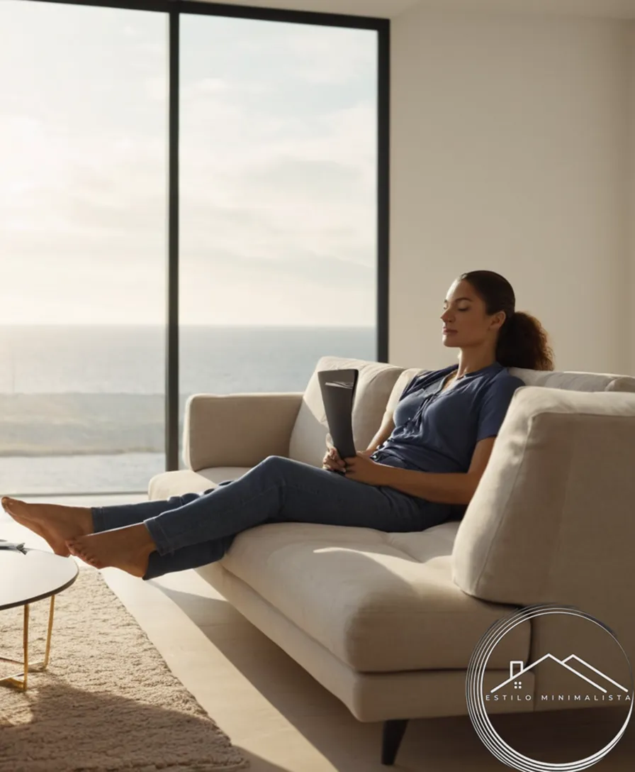 A woman relaxing on a clean, minimalist couch.