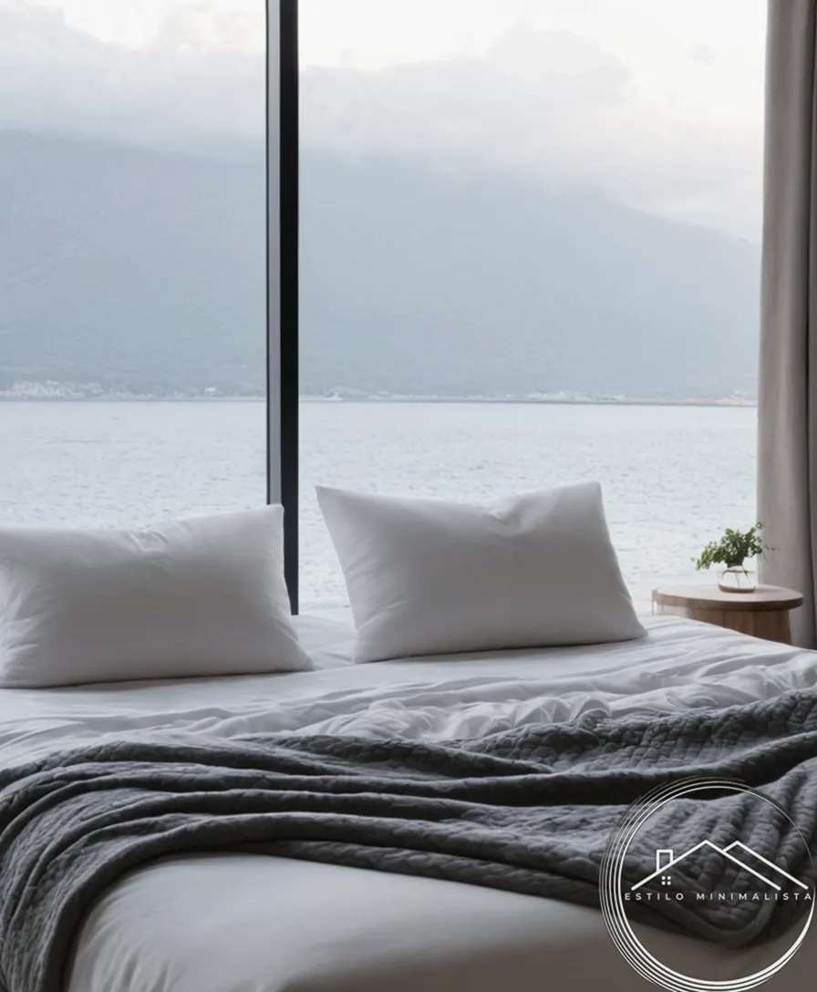 A minimalist, clean, and tidy gray or white bed under a simple blanket.