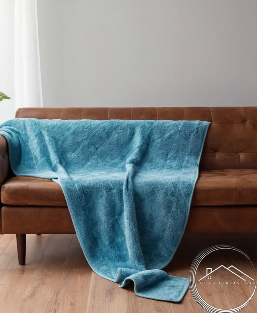 3 minimalist microfiber blankets styled on a wooden couch.