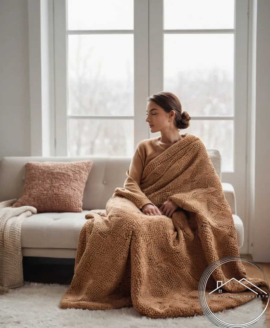 Minimalist microfiber blankets or a model wearing one warmly.