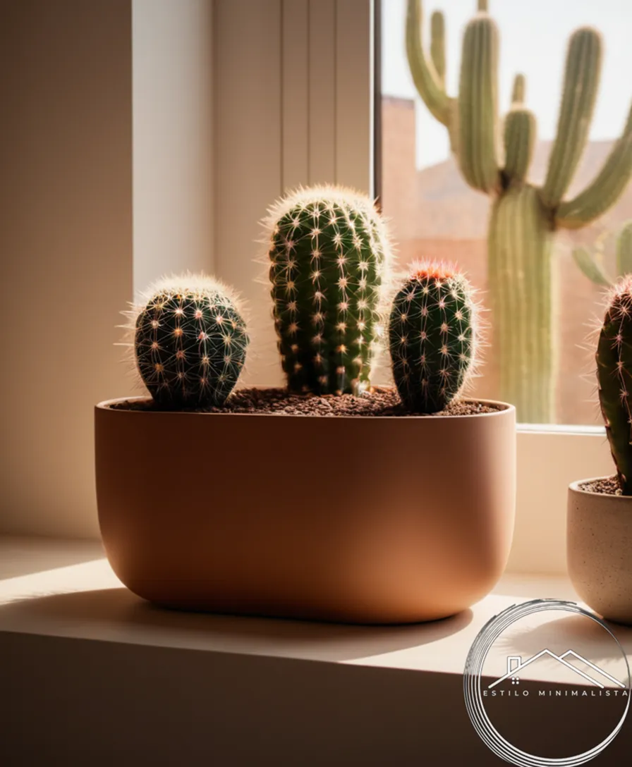 A minimalist planter with happy cacti basking under soft, warm lighting.