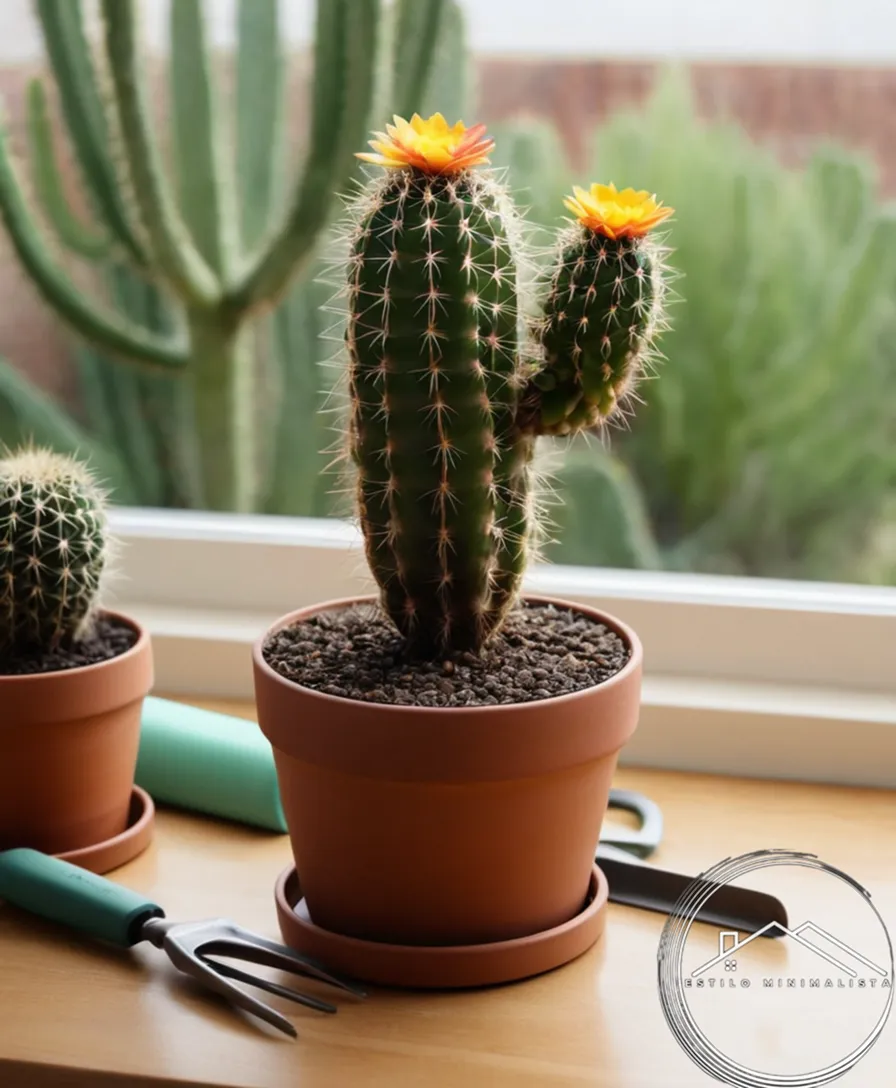 A happy cactus planted in minimalistic pot surrounded by gardening tools.