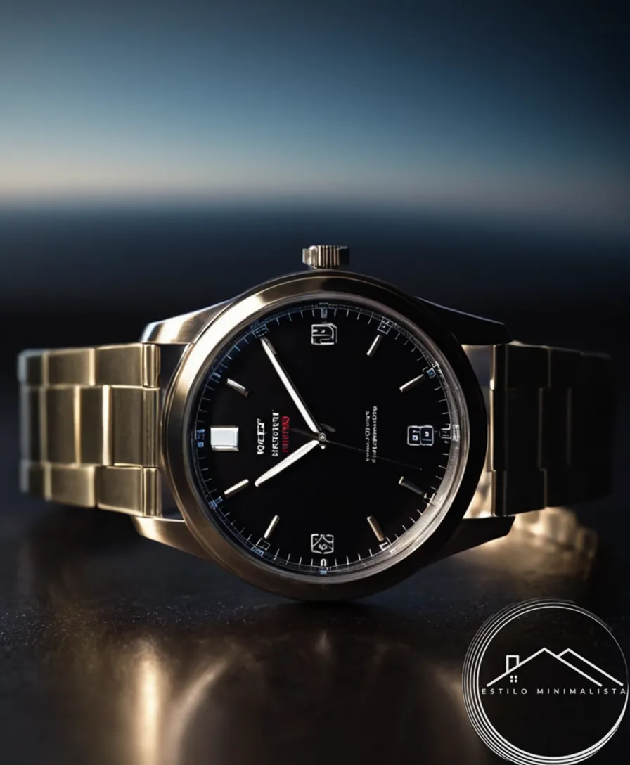 A minimalist metal watch on a timer mechanism background.