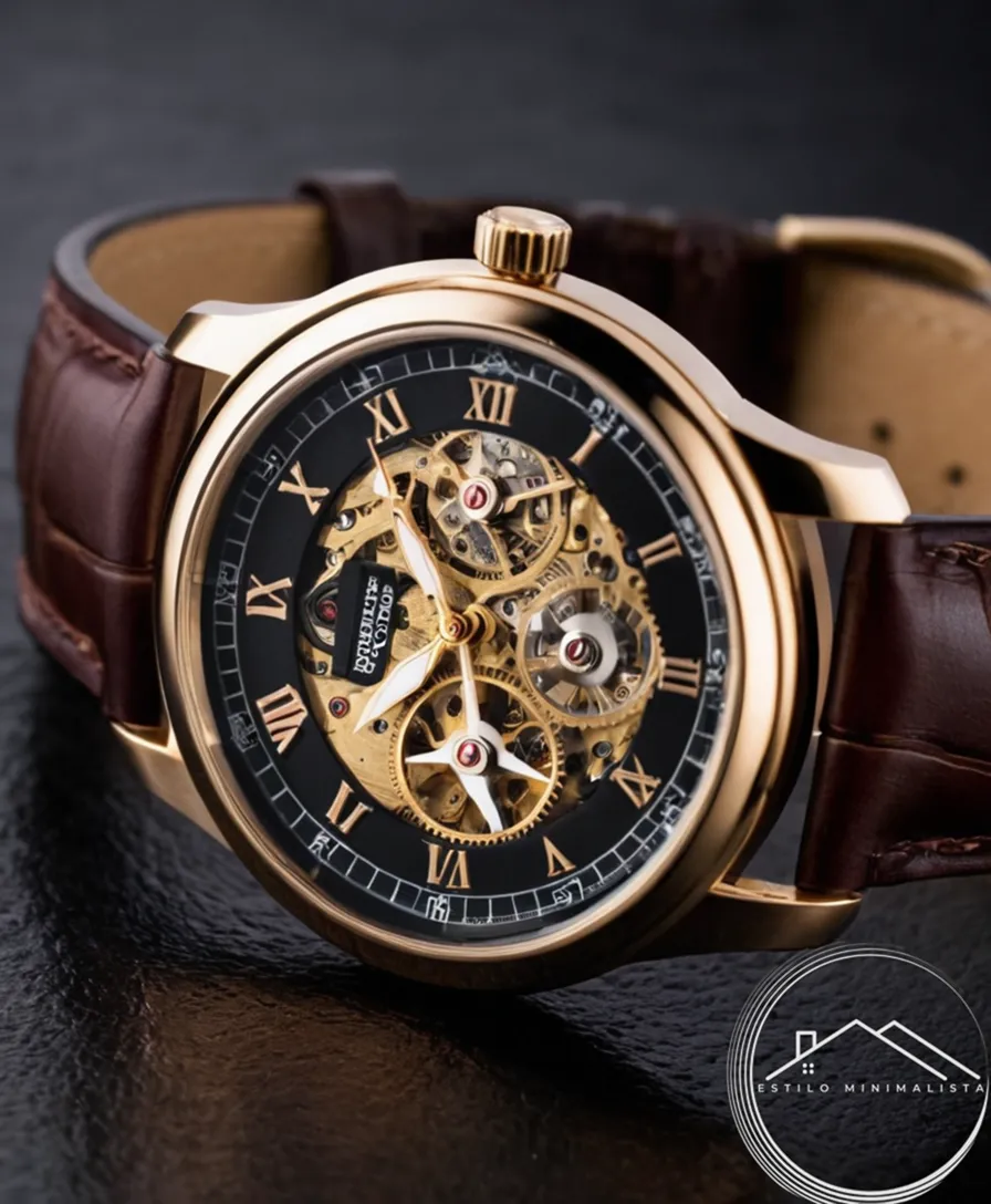 A minimalist metal watch on a leather strap with clockwork gears.