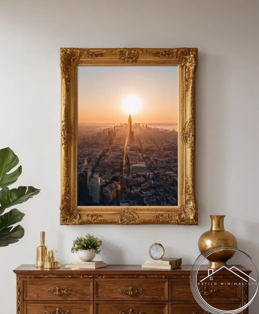 Minimalist artwork framed with delicate gold ornate frames.