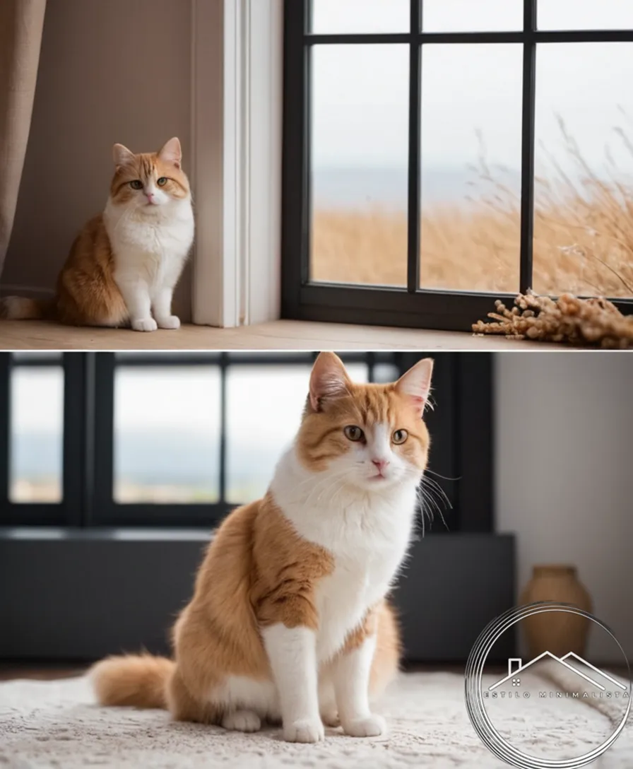 3 minimalist photos with cute pets and simple backgrounds.