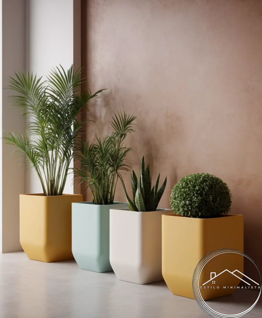 3 minimalist planters in different shapes and colors.