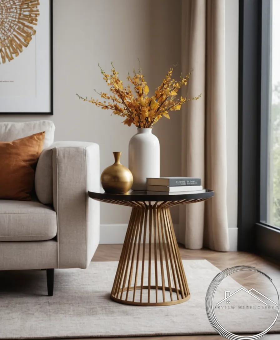 A minimalist side table in an elegant living room setting.
