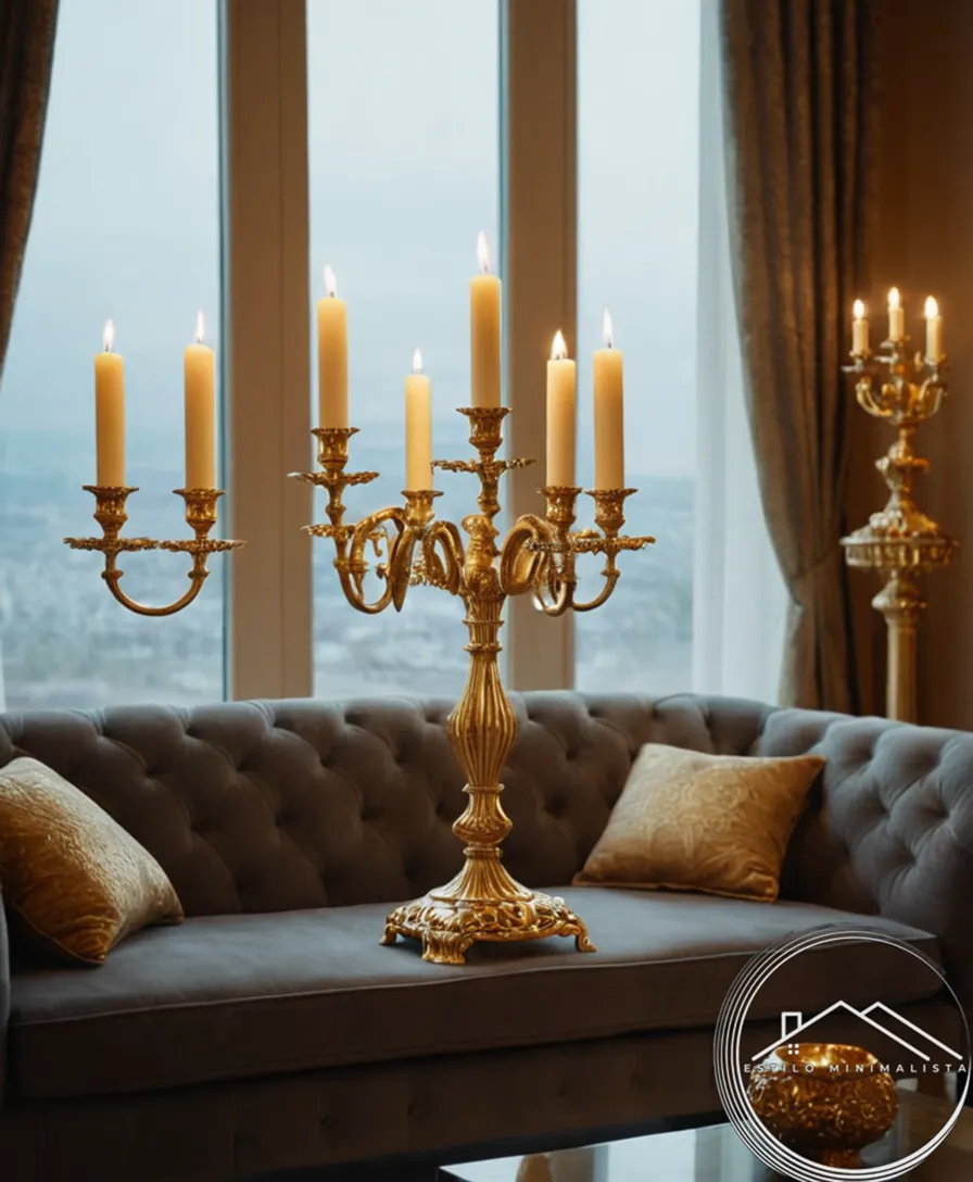 Golden candelabras and decorative accents on a modern sofa backdrop.