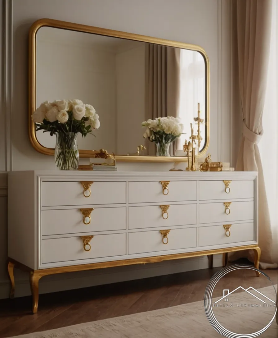 a minimalist dresser table with golden hardware.