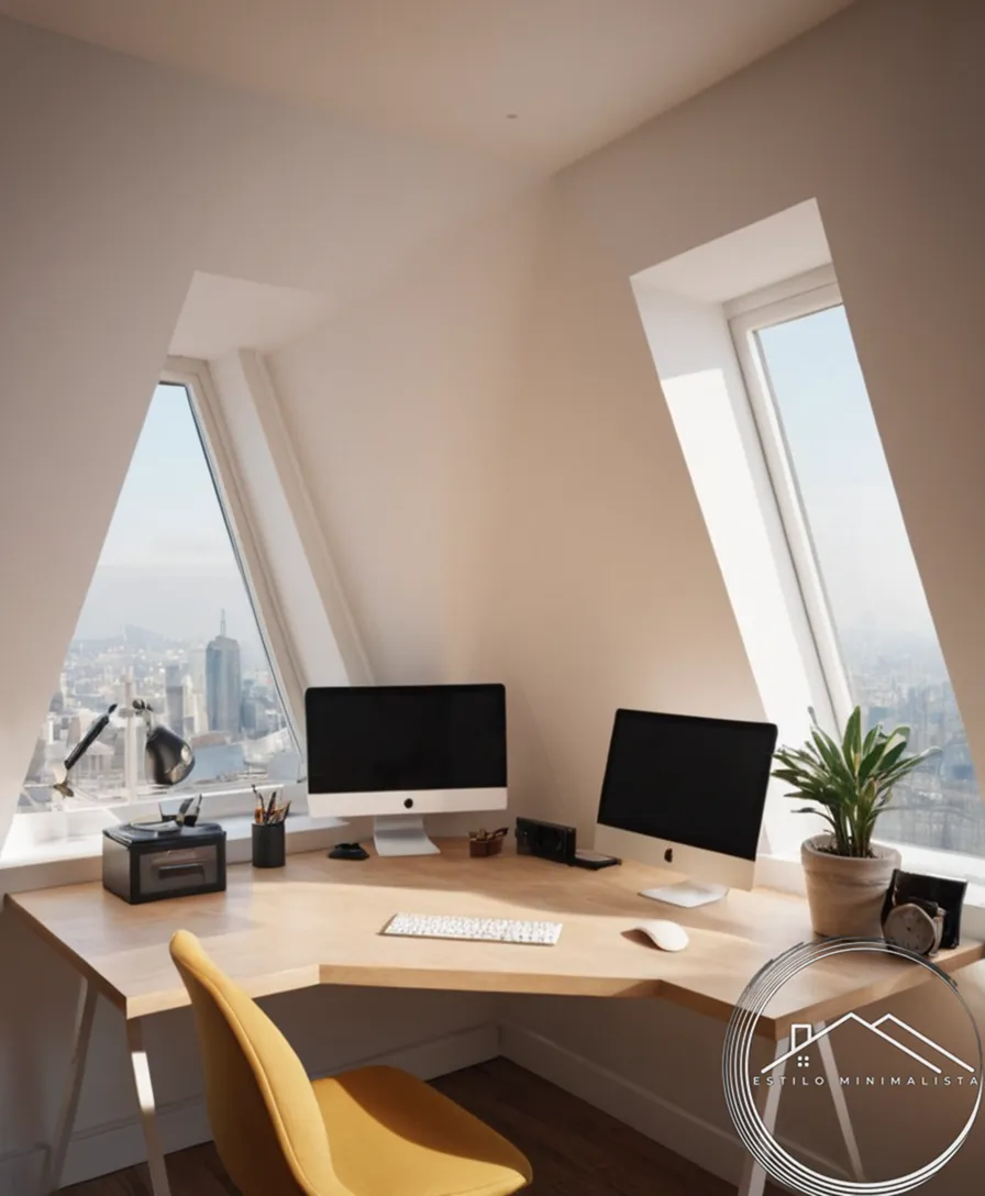 A minimalist triangular desk or workspace in a small room.
