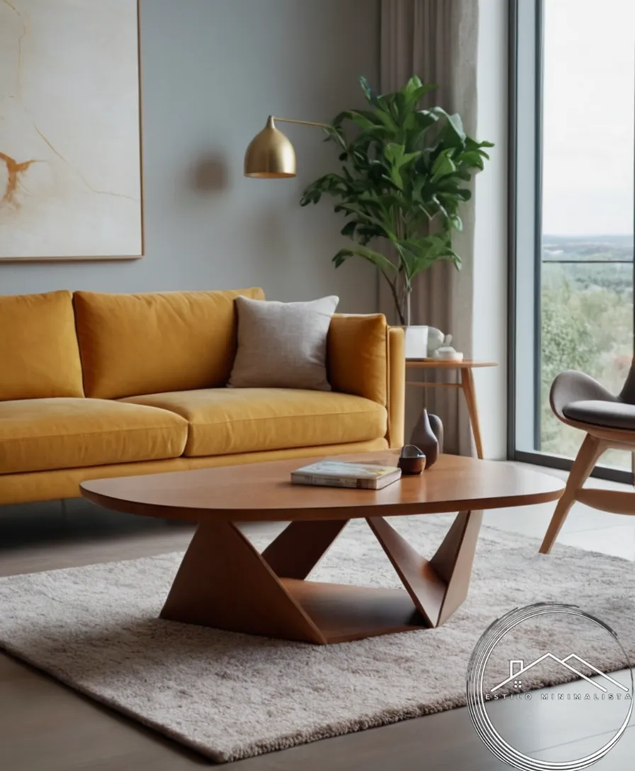 A minimalist triangular coffee table in a modern living space.