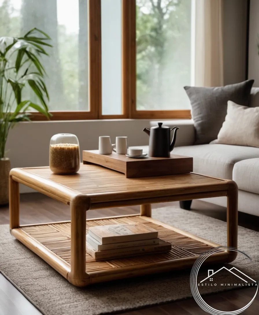 A stylish, minimalist bamboo coffee table in a home setting.