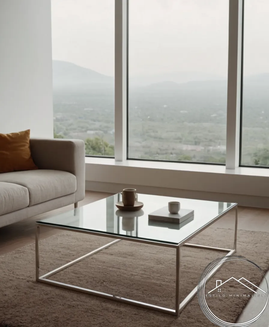 A minimalist glass-topped coffee table in a clean space.