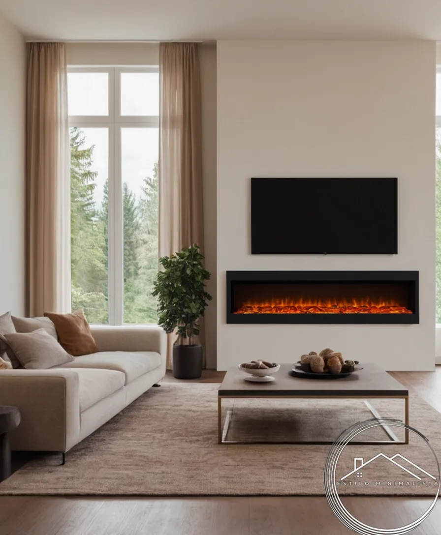A minimalist living room with an electric fireplace.