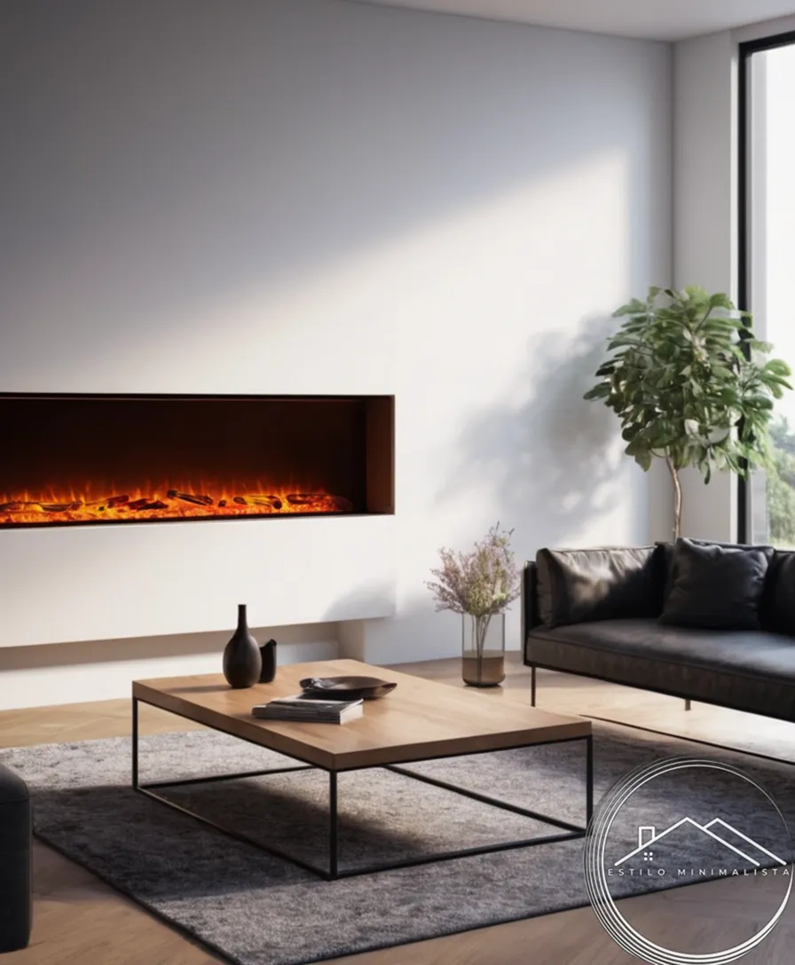 A minimalist living room with an electric fireplace.
