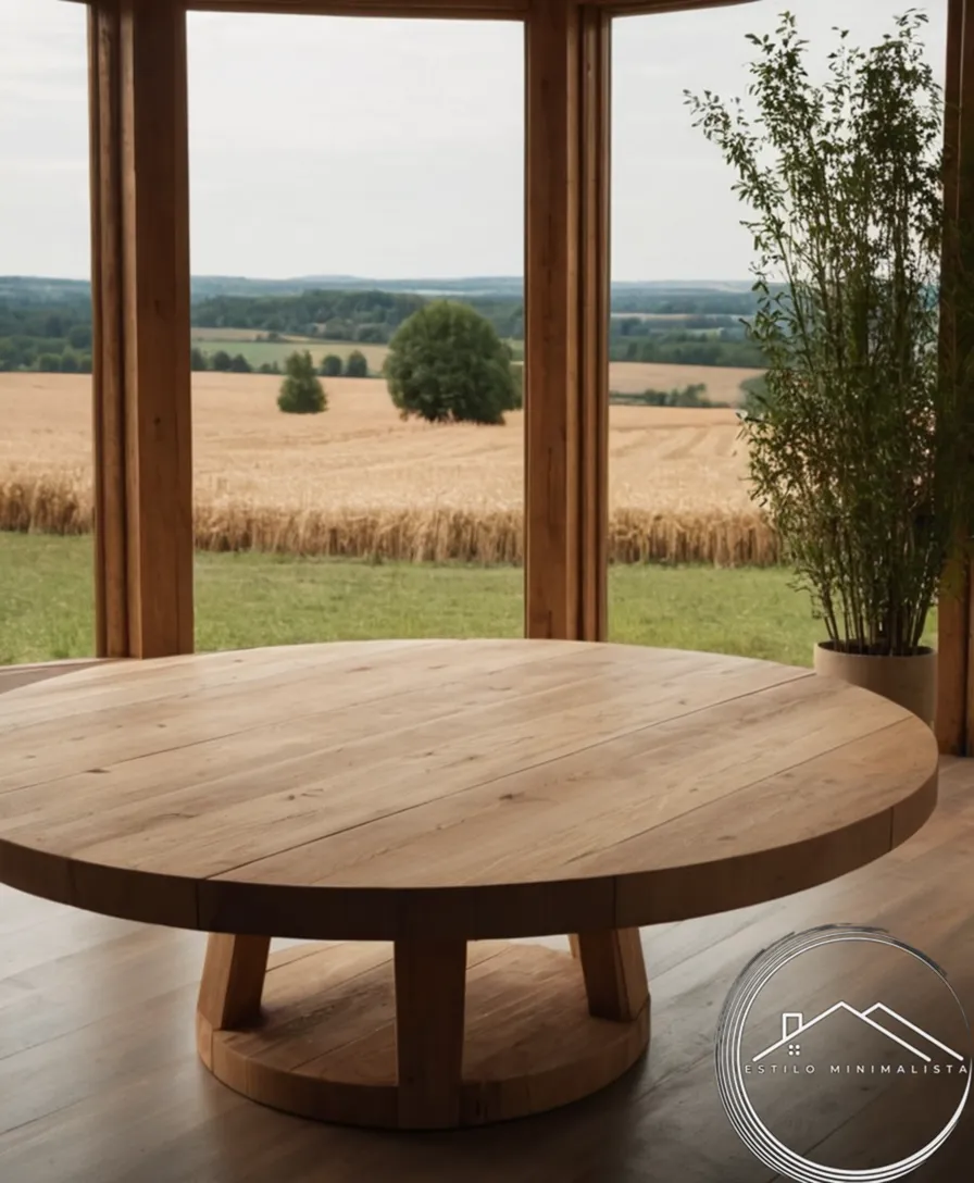 A minimalist, round wooden hay table in a tasteful setting.