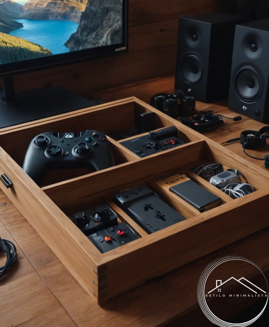 A neatly organized gaming console and accessories in a wooden box.