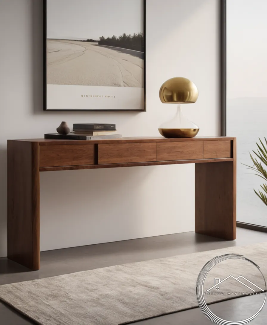 A minimalist console table with a secret storage compartment.
