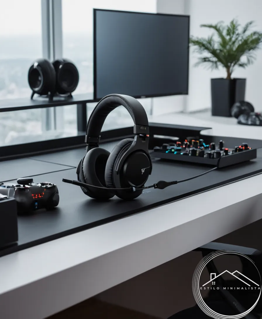 Minimalist gaming desk with sleek, high-end gaming headphones.