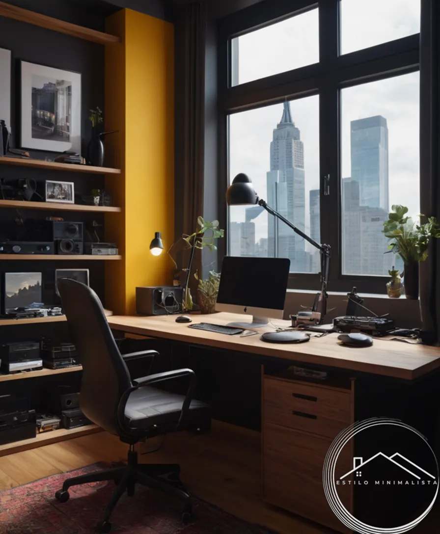 A cluttered, then minimalist, workspace transformation with hidden cables.