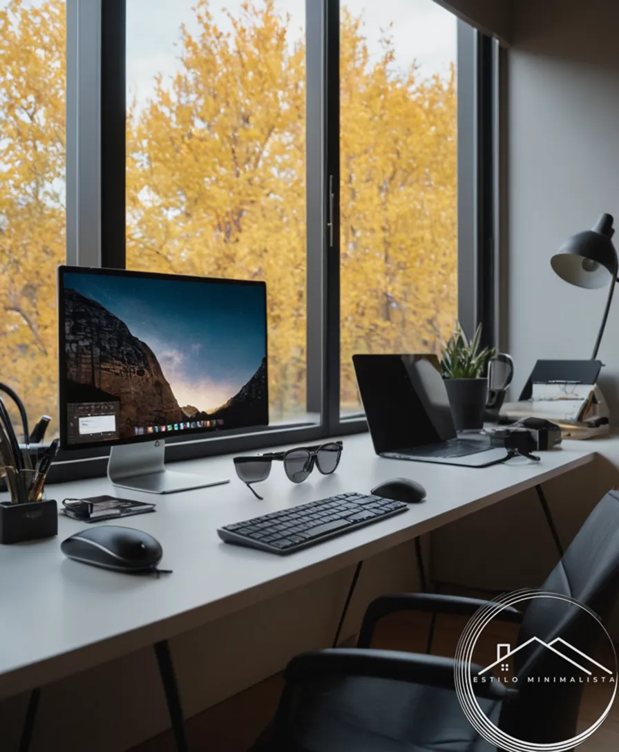 A minimalist desk with hidden cables and clutter-free workspace.