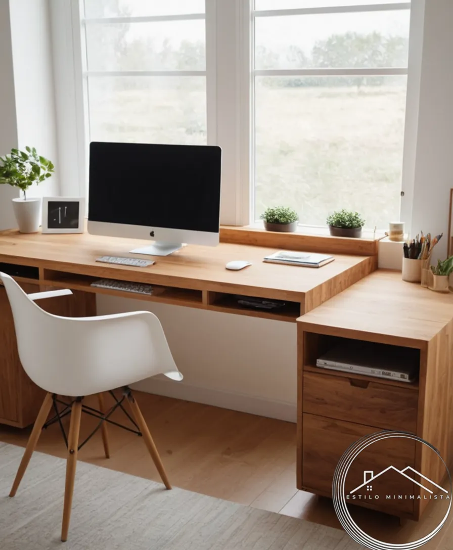 A sleek, wooden minimalist desk with built-in organizers.