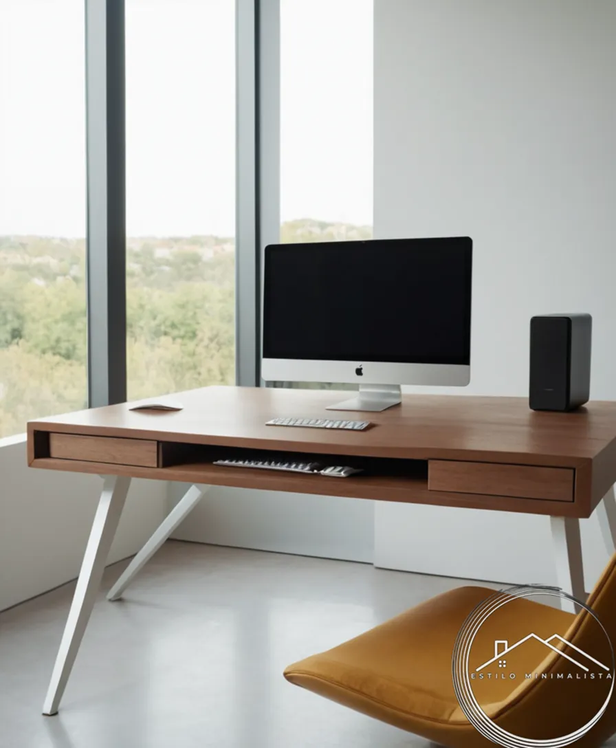 A minimalist desk with sleek integrated leg support.