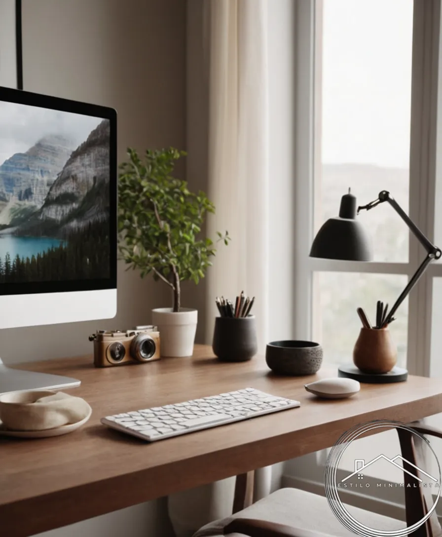 A minimalist desk setup with decorative accessories.