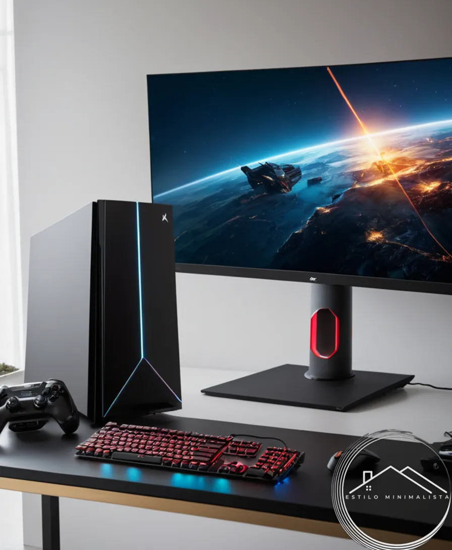 A minimalist gaming desktop setup with sleek design elements.