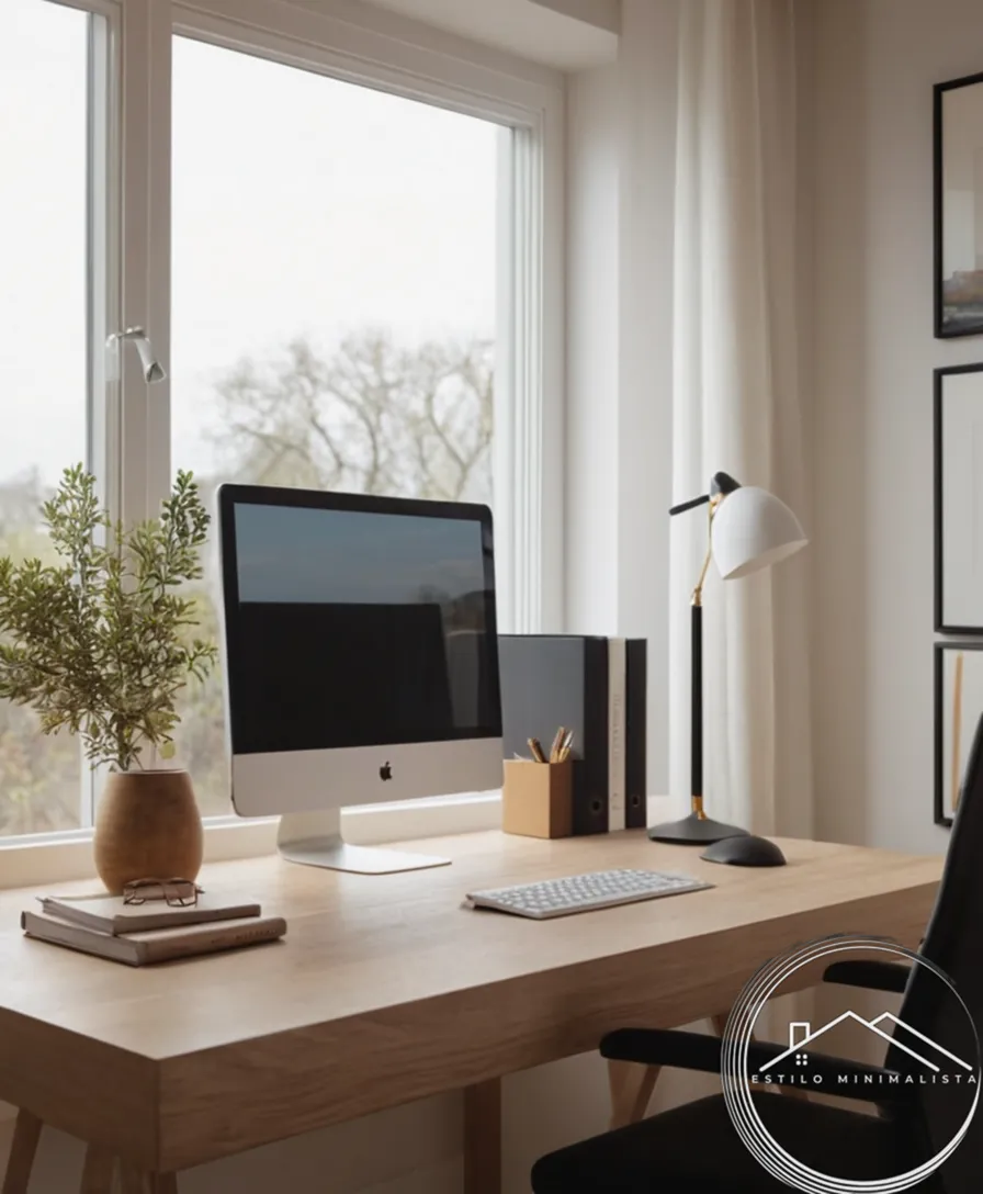 A minimalist home office table with simple, modern decor.