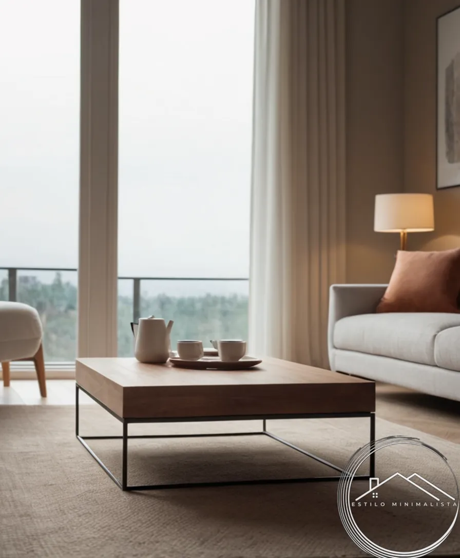 A minimalist low coffee table in a tastefully decorated room.