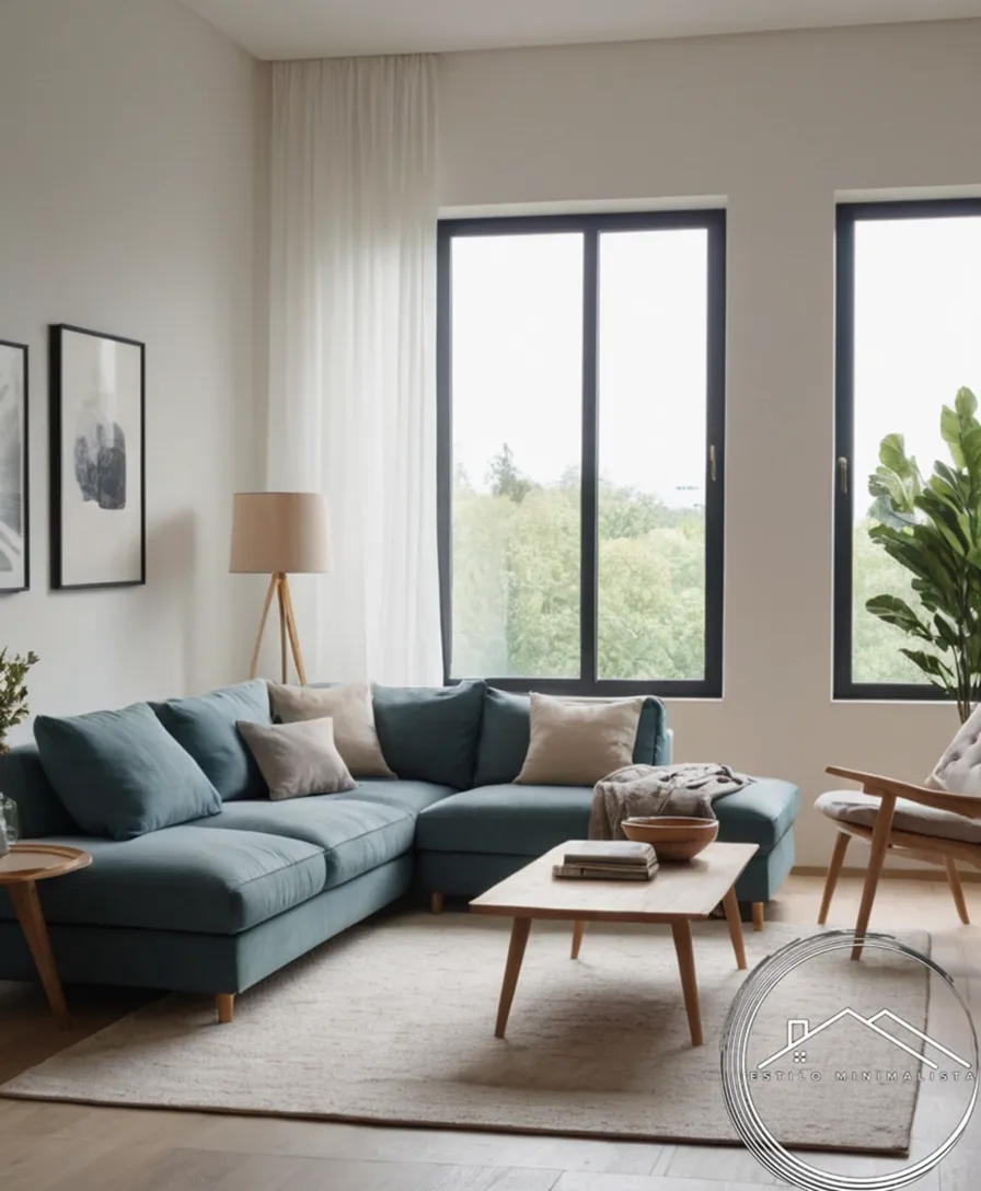 A minimalist living space with sparse, tidy furniture and calm atmosphere.