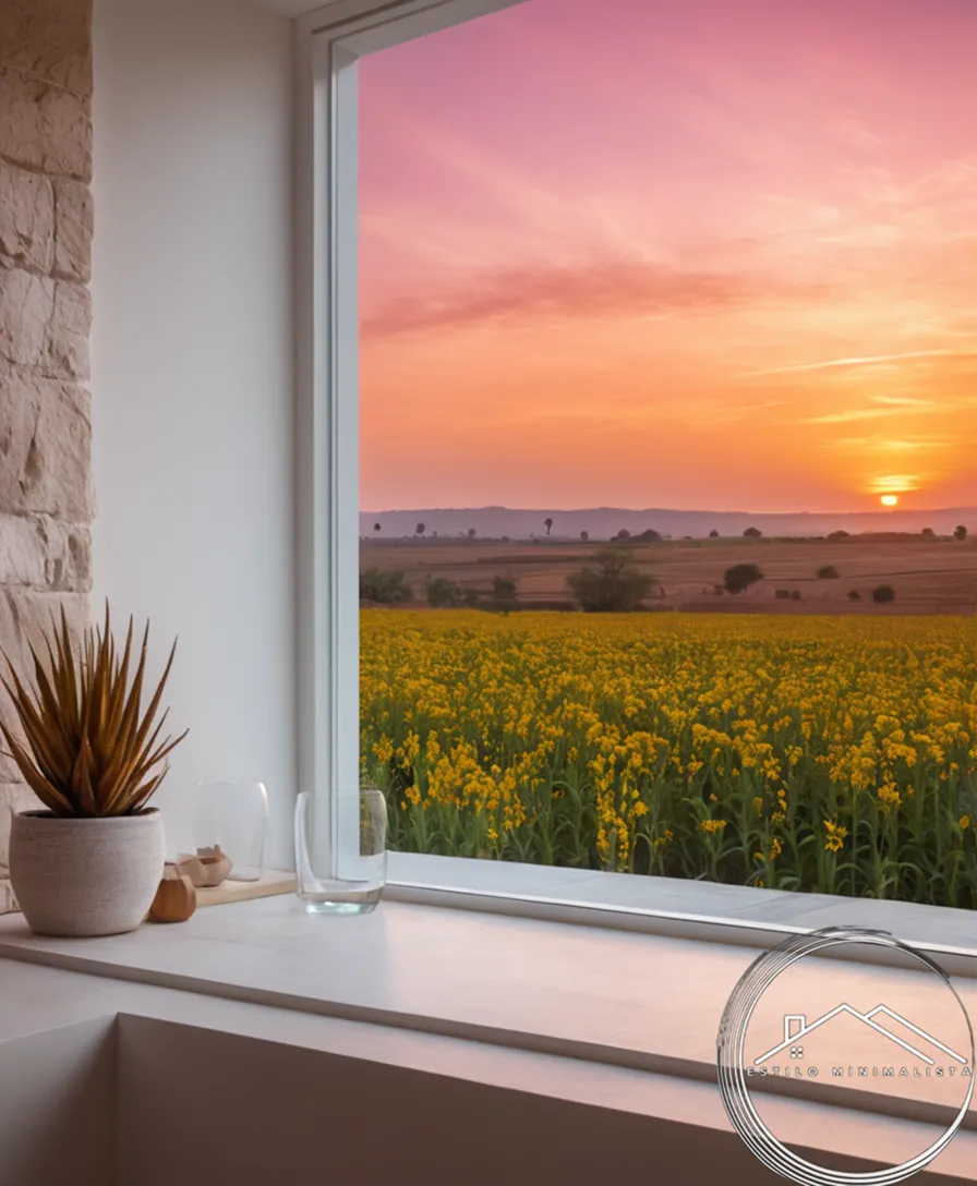 Amaranthine sunset over minimalist interior design landscape vignettes.