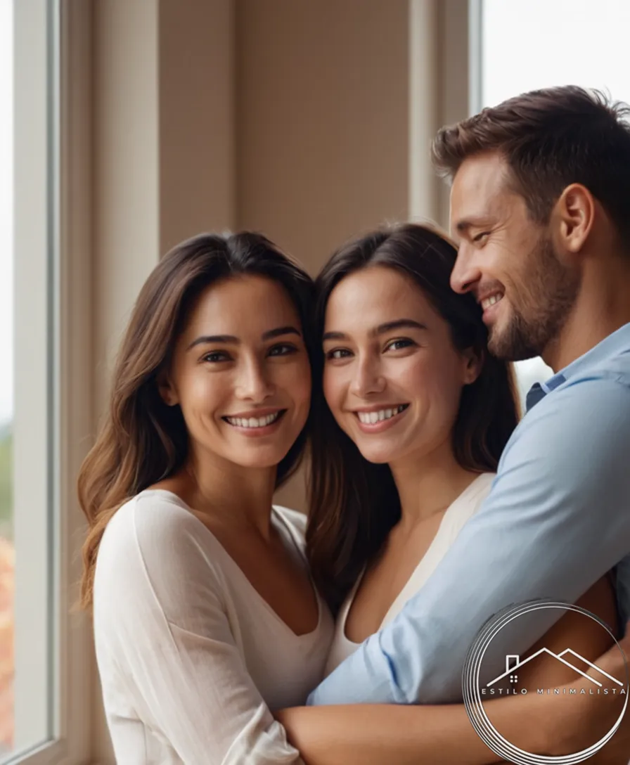 3 couples embracing and smiling in minimalist settings.