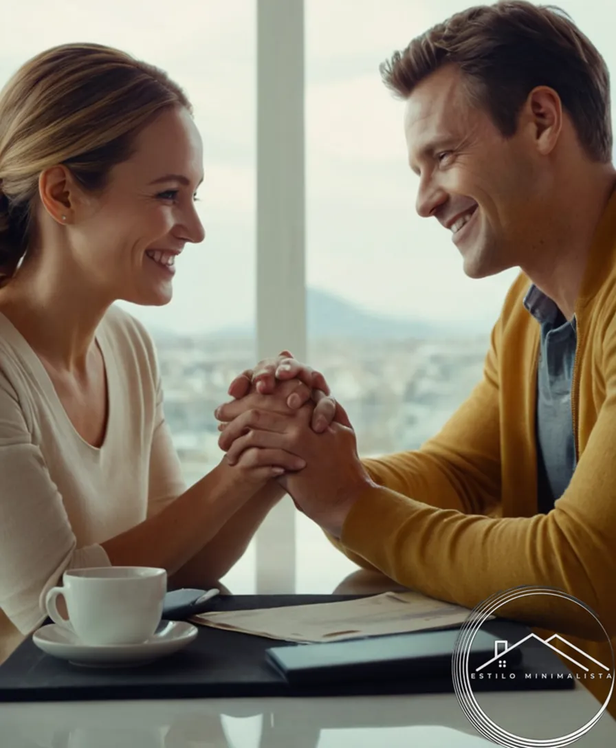 A smiling couple holding hands and finances together.