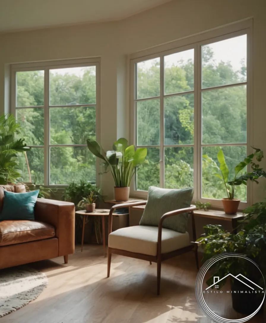 A cluttered room with minimalistic furniture amidst nature and greenery.