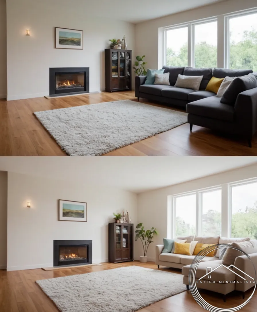 A cluttered living space before and after minimalization.