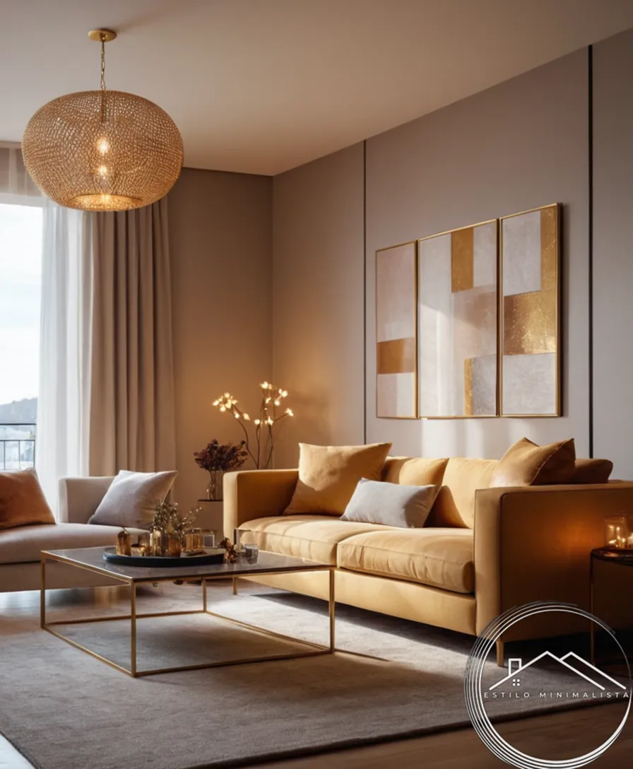 Cozy, minimalist living room with metallic accents and warm lighting.