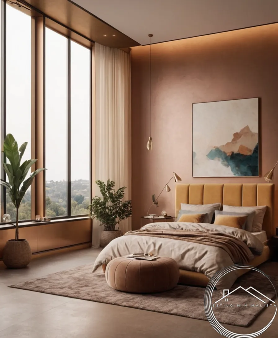 A minimalist room with warm metallic accents and soothing colors.