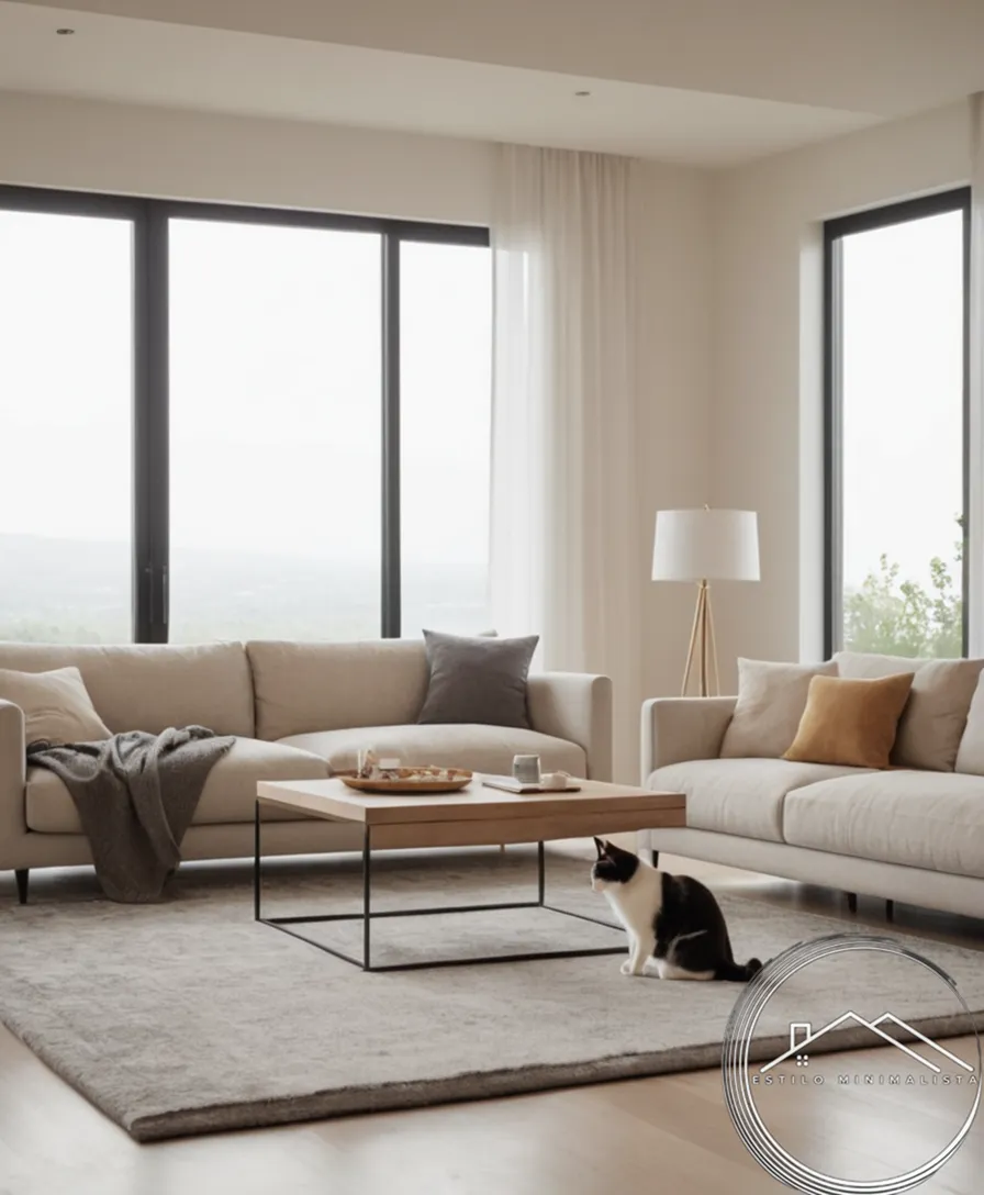 A minimalist living room with cat or dog incorporated into design.