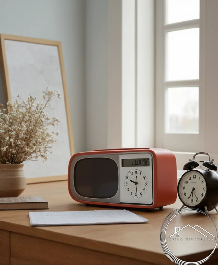 A clutter-free space with a few possessions and a calendar or clock.