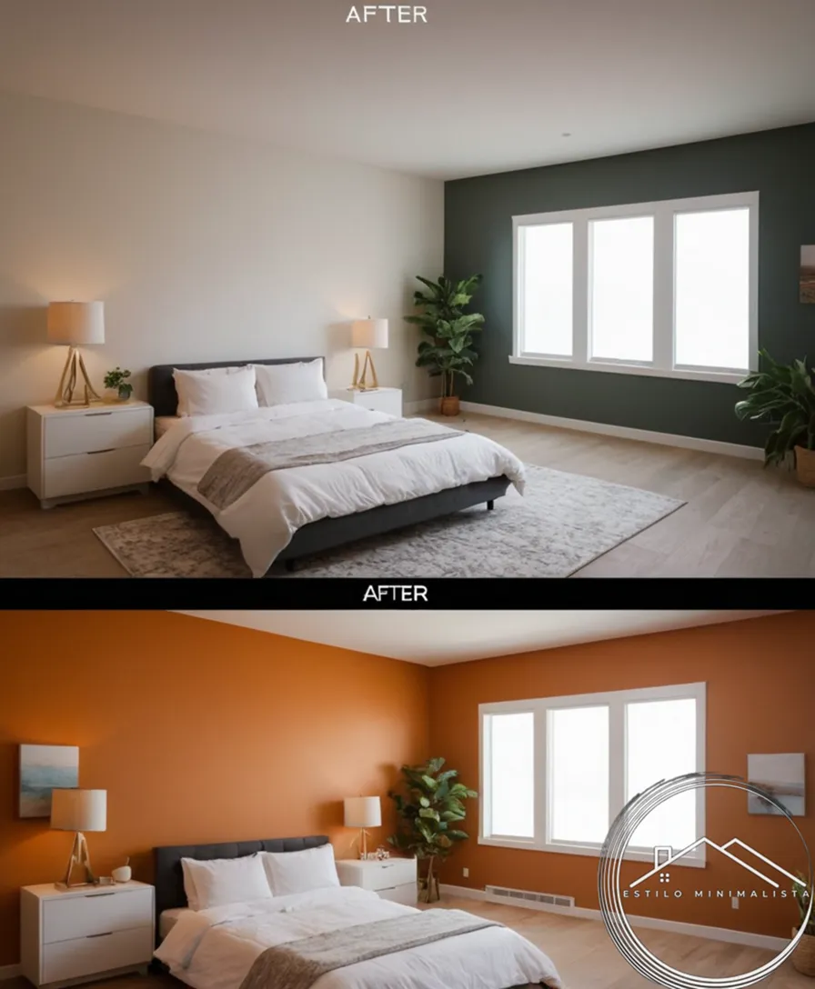 A before-and-after photo of a minimalist home makeover.