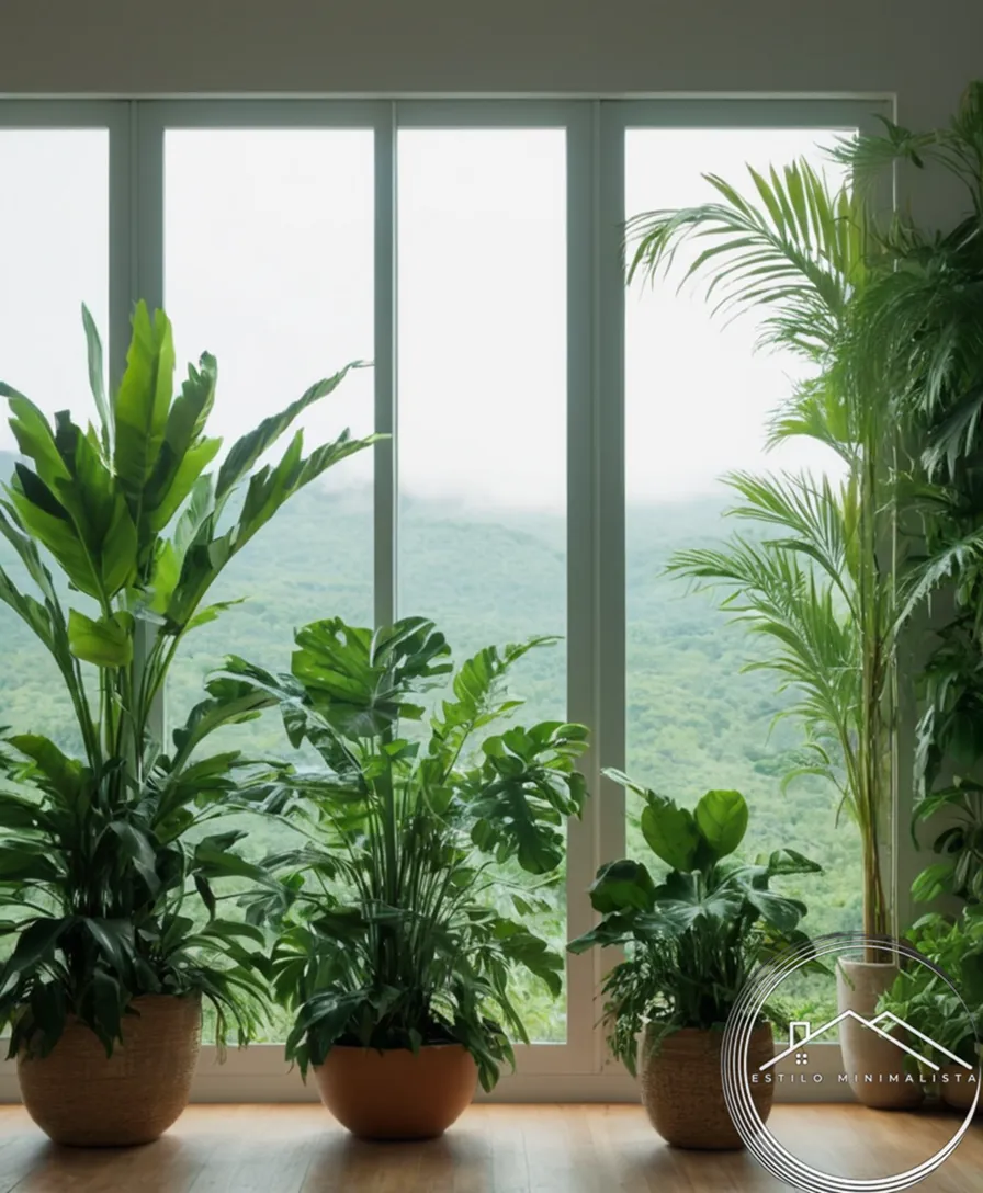 A serene, minimalist interior space with lush green plants.