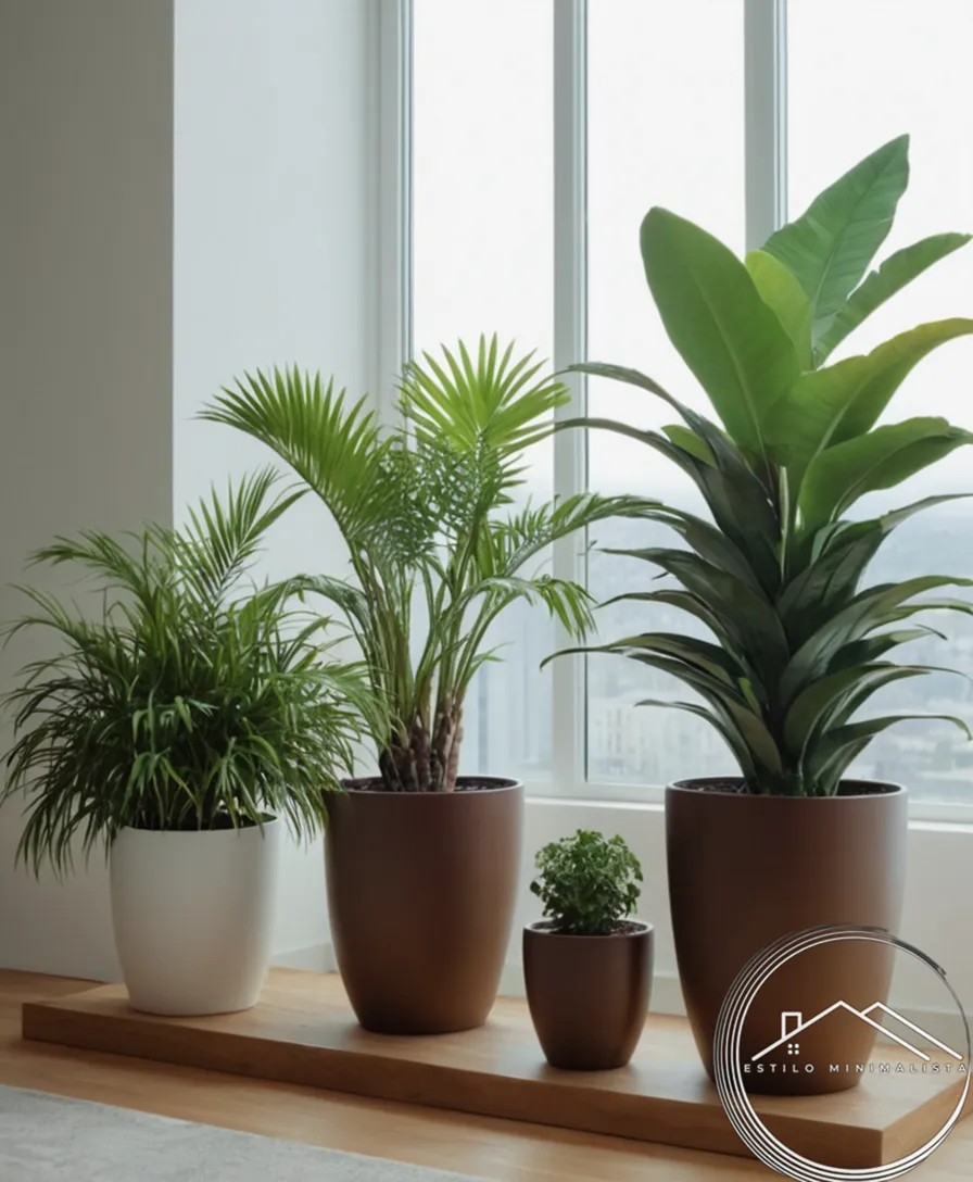Minimal, stylishly arranged potted plants in modern living space.